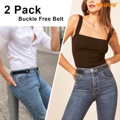 HOTWHIPPY 2 Pack Buckle Free Comfortable Elastic Belt for Women or Men, Buckle-less No Bulge No Hassle Invisible Belts