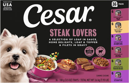 HOTCesar Wet Dog Food, Steak Lovers Variety Pack, 3.5 oz, 36 Count | Real meat #1 ingredient, easy peel trays, 100% complete & balanced, no fillers, no added sugar, no artificial flavors