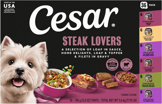 HOTCesar Wet Dog Food, Steak Lovers Variety Pack, 3.5 oz, 36 Count | Real meat #1 ingredient, easy peel trays, 100% complete & balanced, no fillers, no added sugar, no artificial flavors
