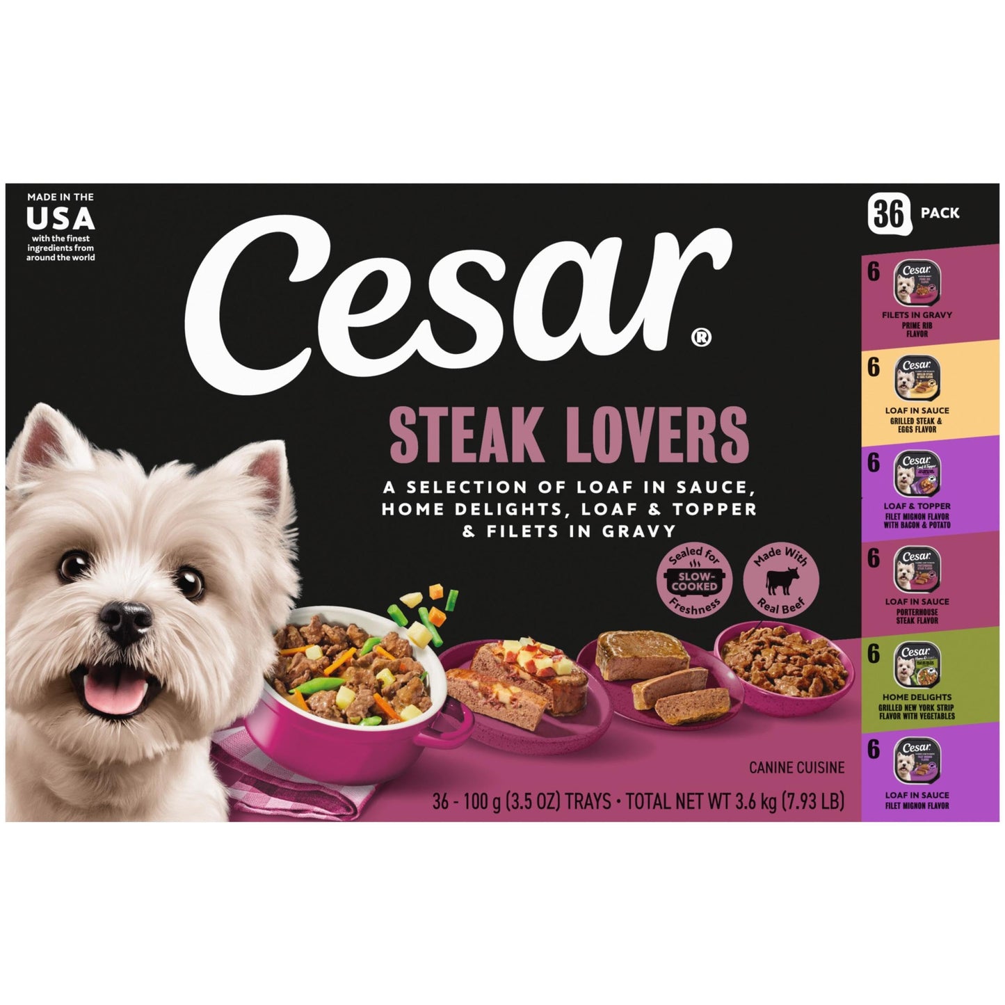 HOTCesar Wet Dog Food, Steak Lovers Variety Pack, 3.5 oz, 36 Count | Real meat #1 ingredient, easy peel trays, 100% complete & balanced, no fillers, no added sugar, no artificial flavors