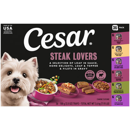 HOTCesar Wet Dog Food, Steak Lovers Variety Pack, 3.5 oz, 36 Count | Real meat #1 ingredient, easy peel trays, 100% complete & balanced, no fillers, no added sugar, no artificial flavors