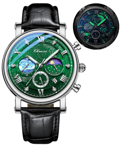 HOTFANMIS Men's Classic Watches Multifunctional Analog Watch Business Dress Waterproof Luminous Chronograph Starry Sky Moon Phase Leather Wristwatch