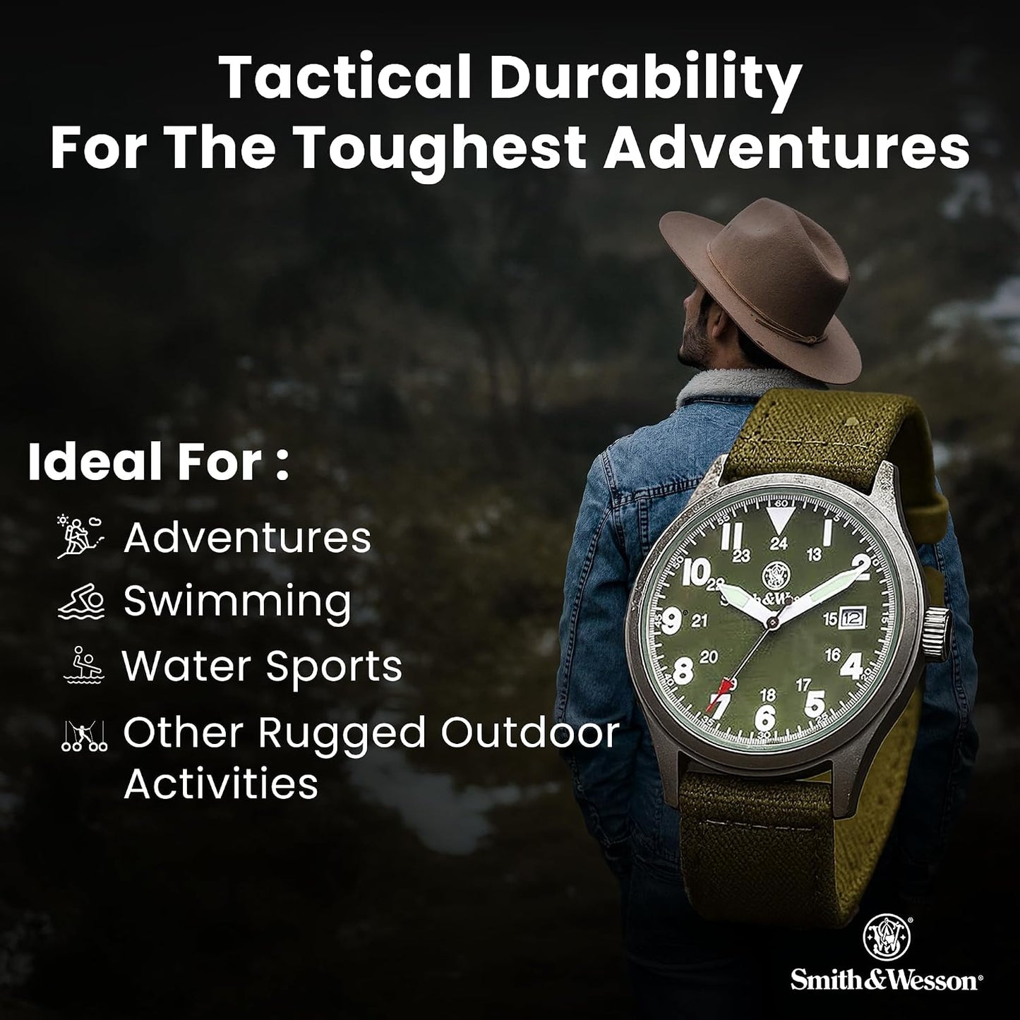 HOTSmith & Wesson Men's Military Watch, 3 Interchangeable Canvas Straps, 3 ATM Water Resistant, Date Display, Scratch Resistant Glass, Military Style Watch for Outdoor Activities, Swimming, 40mm