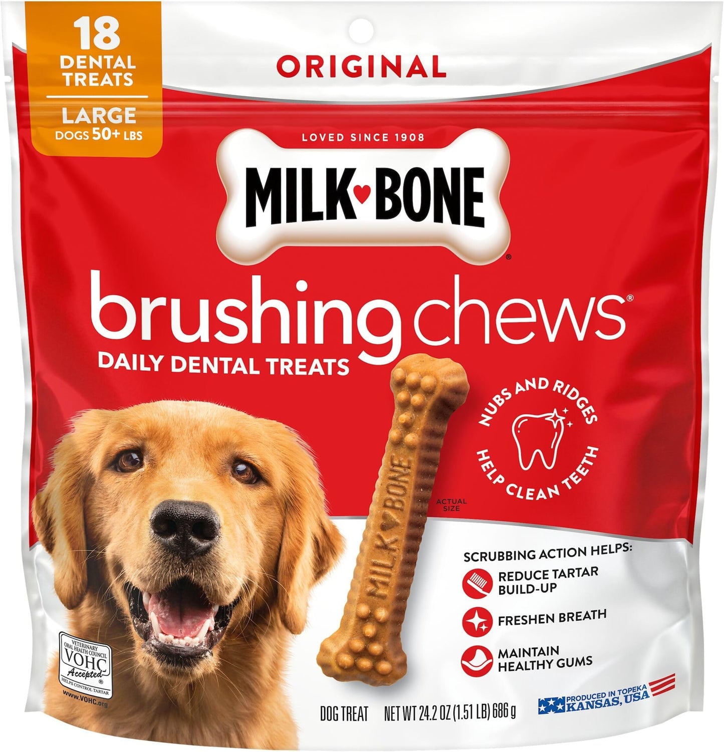 HOTMilk-Bone Brushing Chews Large Daily Dental Dog Treats, 33.7 oz Bag | 25 treats, chicken flavored, VOHC accepted dental chews, helps clean teeth and freshen breath, for large dogs 50 lbs and up