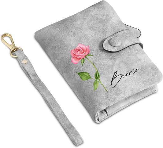HOTMother’s Day Gift for Mom - Personalized Women's Wallet with Custom Name & Floral Initial - Soft Suede RFID Blocking Wallet Zipper Pocket (Grey)