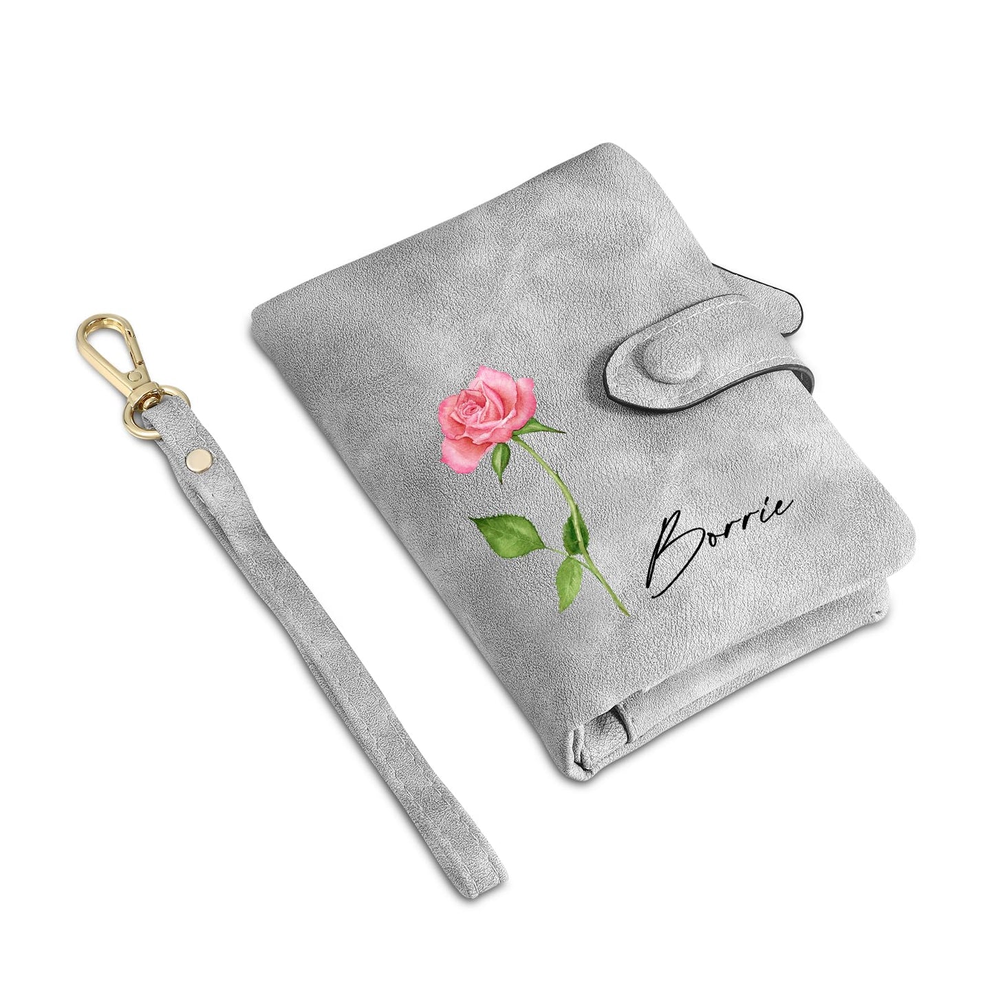 HOTPersonalized Custom Wallet with Birth Flower & Name for Women Mom Credit Card Wallet With Wrist Strap Birthday Gifts for Mothers Day (Pink)