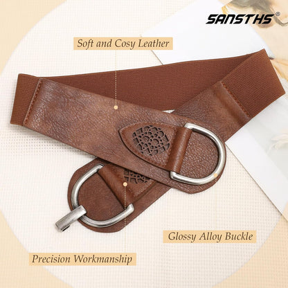 HOTSANSTHS Vintage Women Stretchy Wide Belt Chunky Buckle Elastic Wide Waist Belts for Dresses Coats