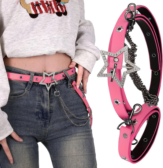 HOTEpicCos Y2K Aesthetic Colorful Faux Leather Belt, Adjustable Star Decor Dopamine Waist Belt Street Style for Female