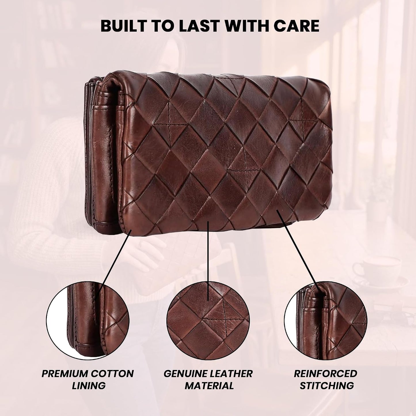 HOTGenuine Leather Wallets for Women, Small Wallet, Brown | Woven Leather Clutch Organizer, Zipper Coin Purse, Credit Card Holder with Strap, Multi Card Slots, Ladies, VL-167-BROWN