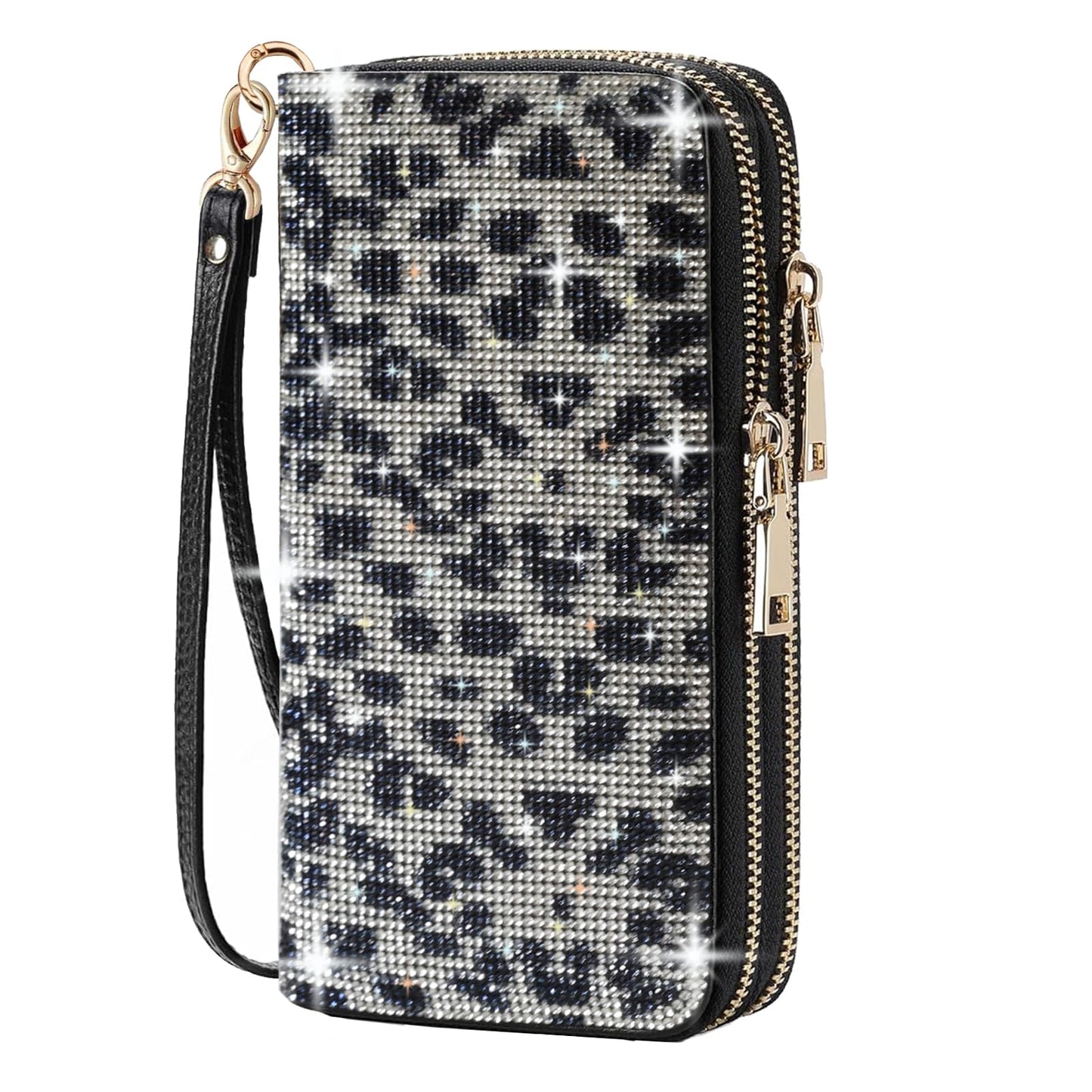 HOTWomen's Rhinestone Large Capacity Double Zipper Wristlet Clutch Purse Party Wallet Card Phone Holder