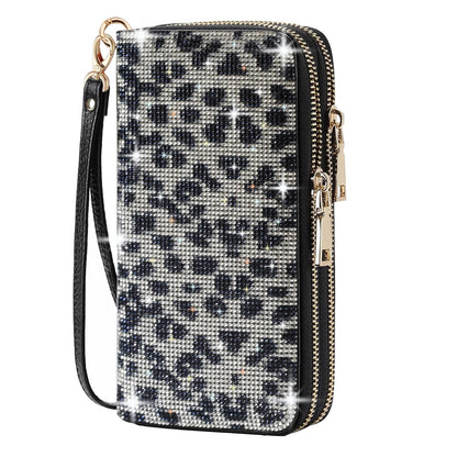 HOTWomen's Rhinestone Large Capacity Double Zipper Wristlet Clutch Purse Party Wallet Card Phone Holder