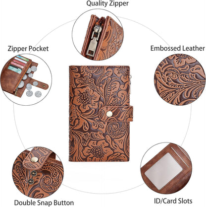 HOTGOIACII Women's Wallet RFID Blocking Leather Trifold Credit Card Holder | Pen Holder, Passport Compartment, Zipper Coin Pocket, Compact, Large Capacity Ladies Travel Wallet, Floral Embossed Brown