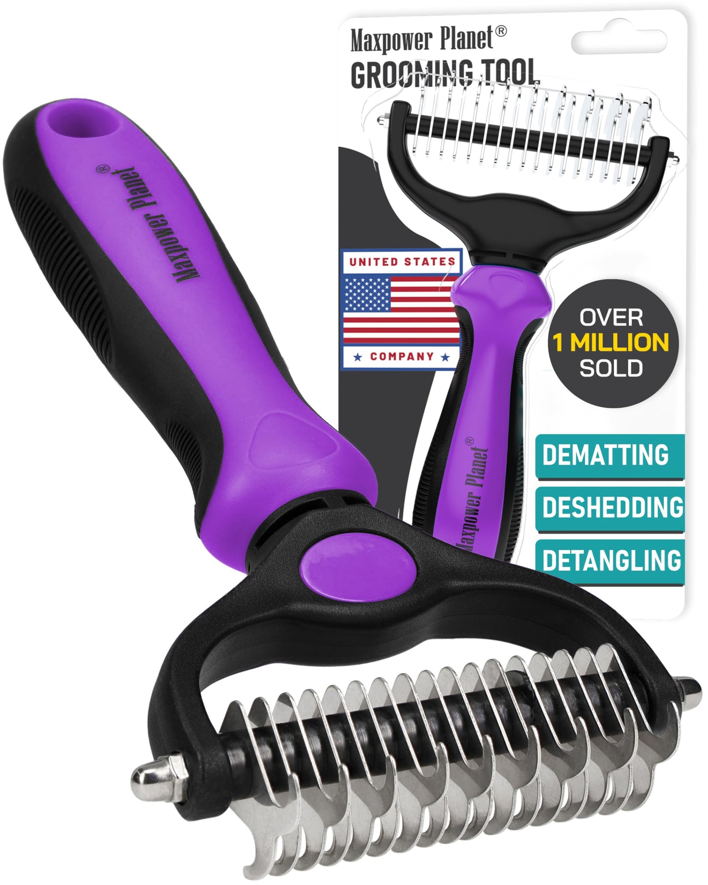HOTMaxpower Planet Original Pet Grooming Rake - Double-Sided Deshedding Dematting Tool, Undercoat Rake for Dogs & Cats, Extra-Wide Dog Grooming Brush & Deshedder Comb for Long Hair, Reduces Shedding 95%