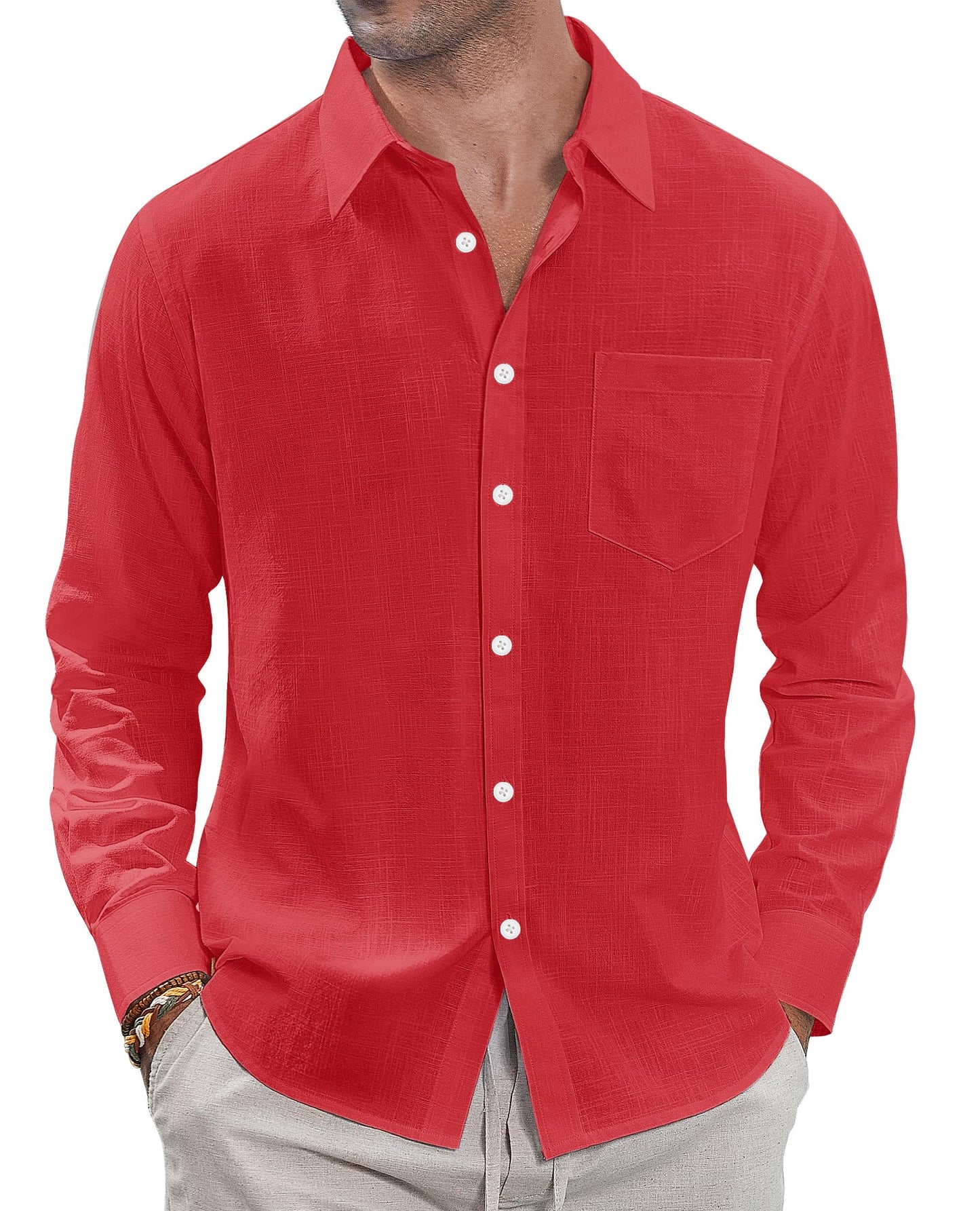 HOTJ.VER Men's Linen Shirts Casual Button Down Long Sleeve Shirt Solid Spread Collar Summer Beach Shirts with Pocket