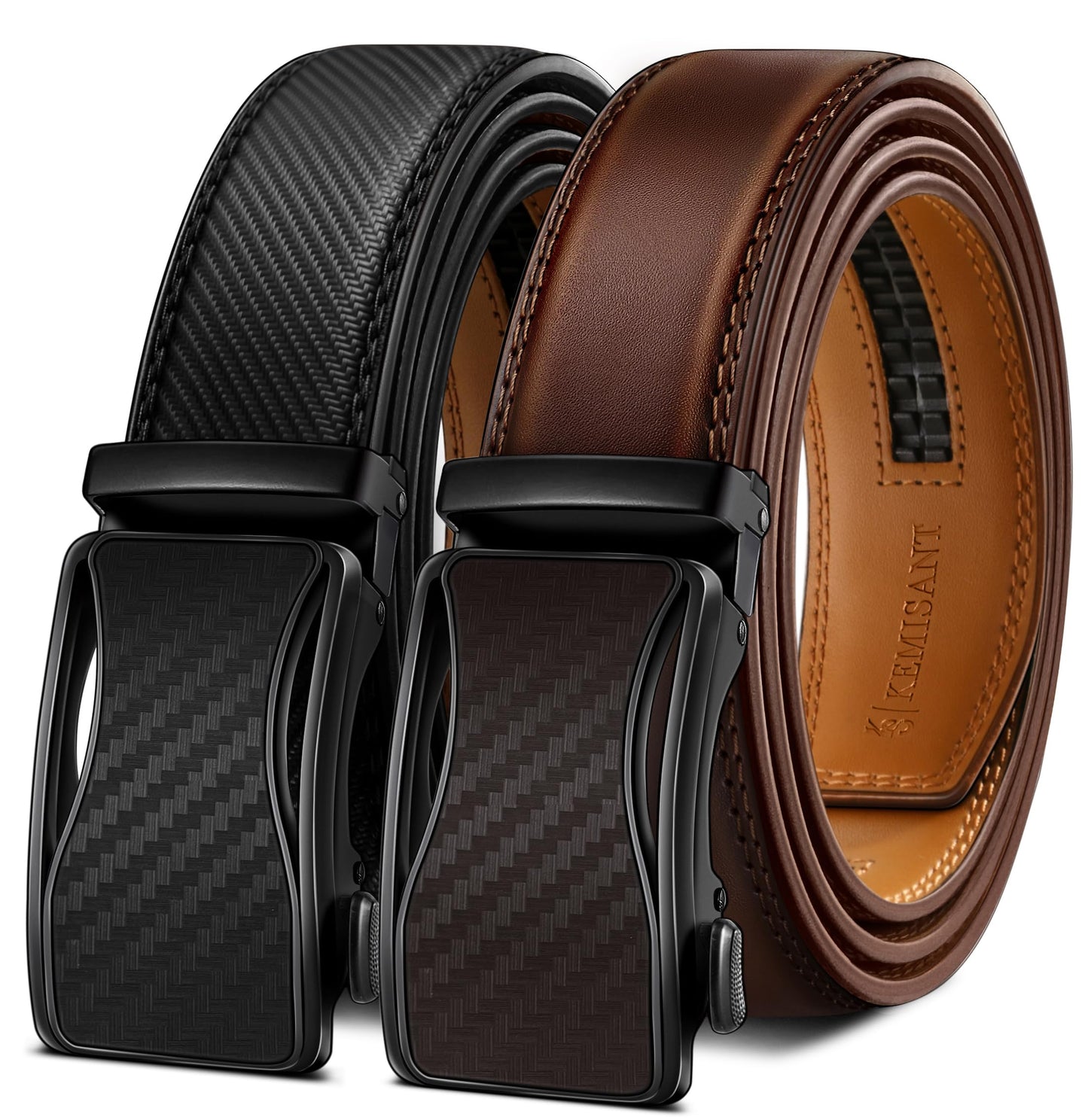 HOTKEMISANT Men's Ratchet Leather Belt 2Pack-Trimmable 1 3/8“-Gift Boxed | Smooth Sliding | Micro Adjustable Fit | Tailored Size | Holeless Understated Elegance