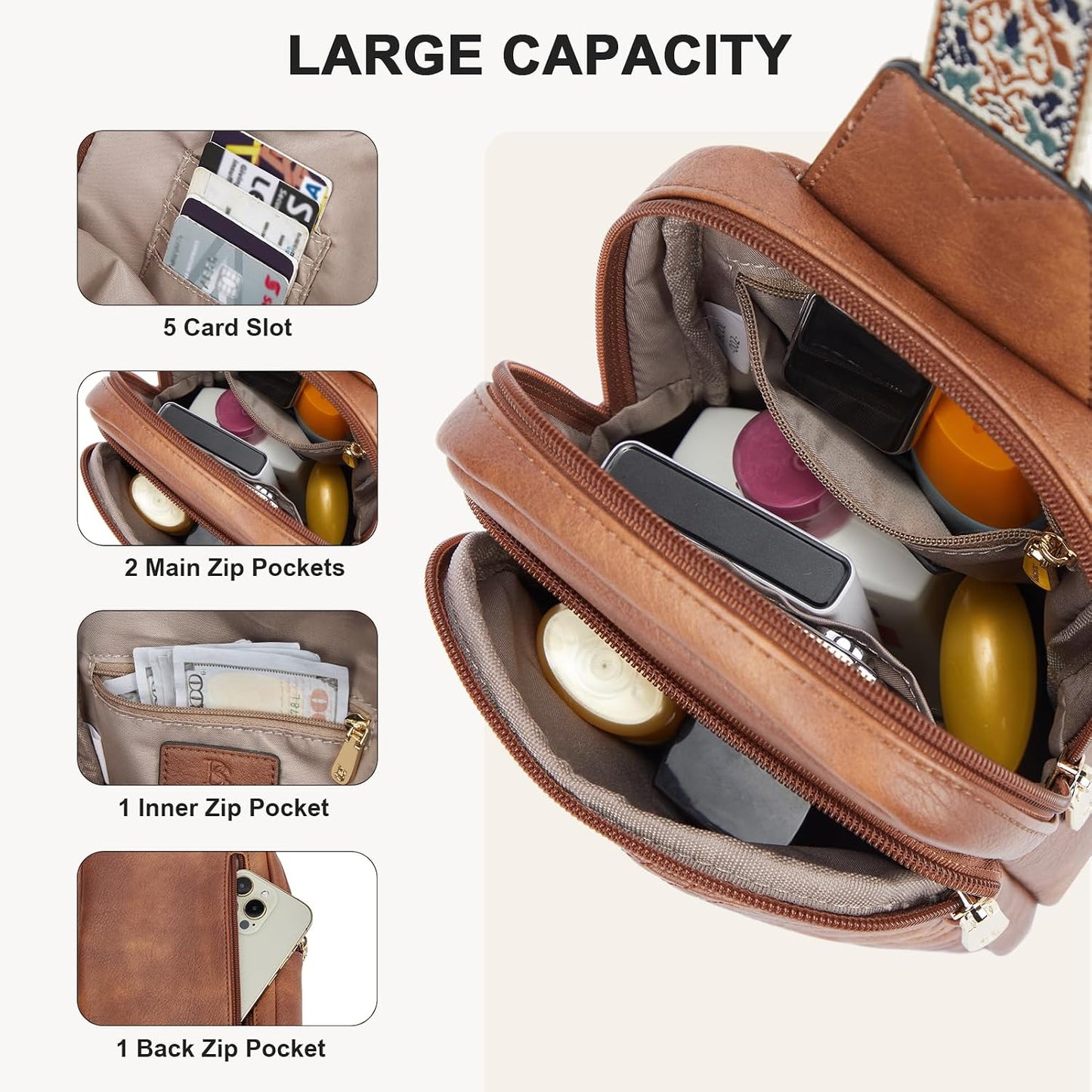 HOTBOSTANTEN Sling Bag Quilted Crossbody Bags for Women Cross Body Purse Leather Fanny Pack with Adjustable Guitar Strap