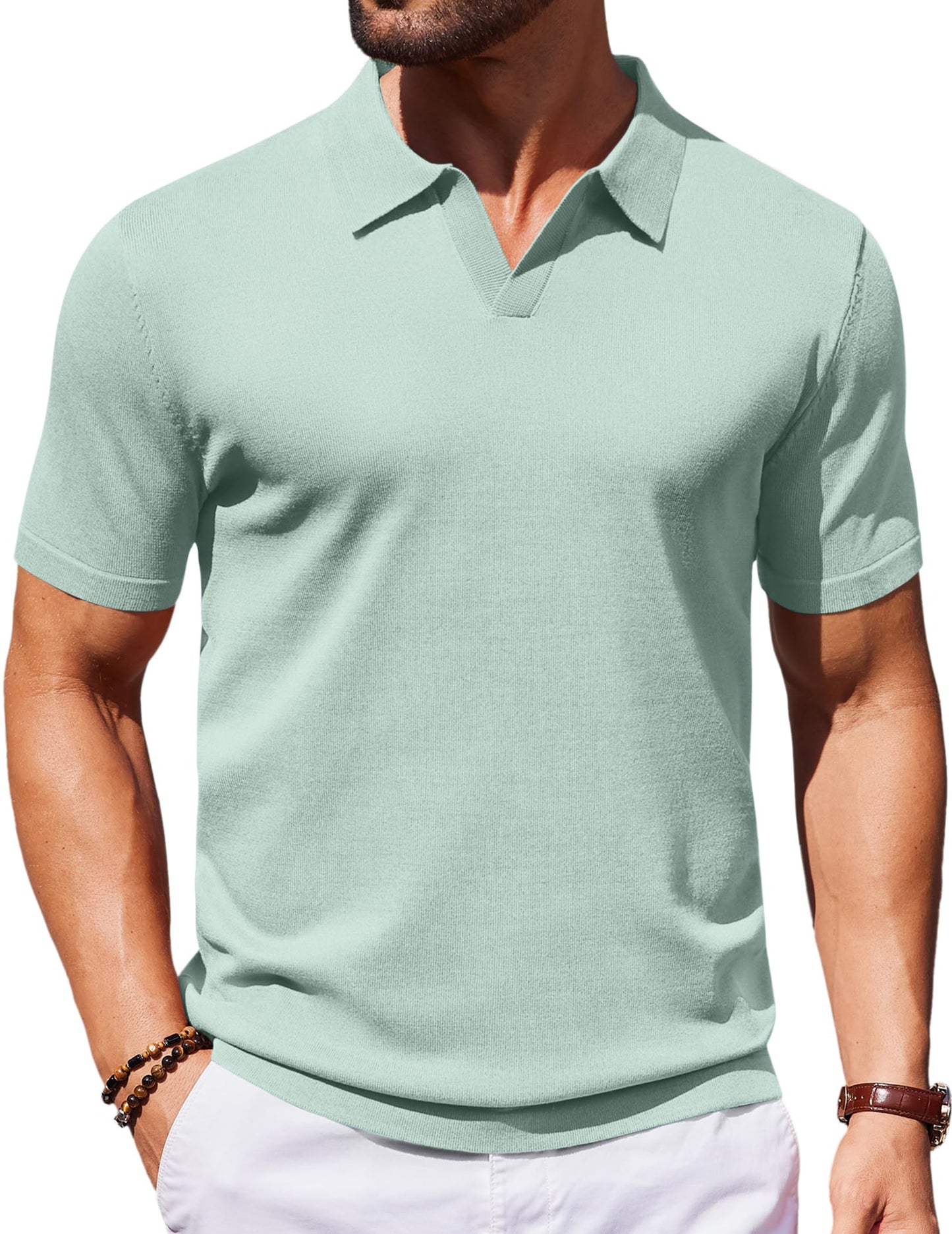 HOTCOOFANDY Men's V Neck Short Sleeve Stretch Knit Polo Shirt