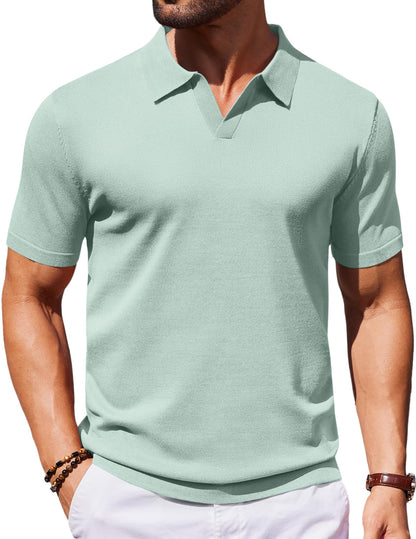 HOTCOOFANDY Men's V Neck Short Sleeve Stretch Knit Polo Shirt