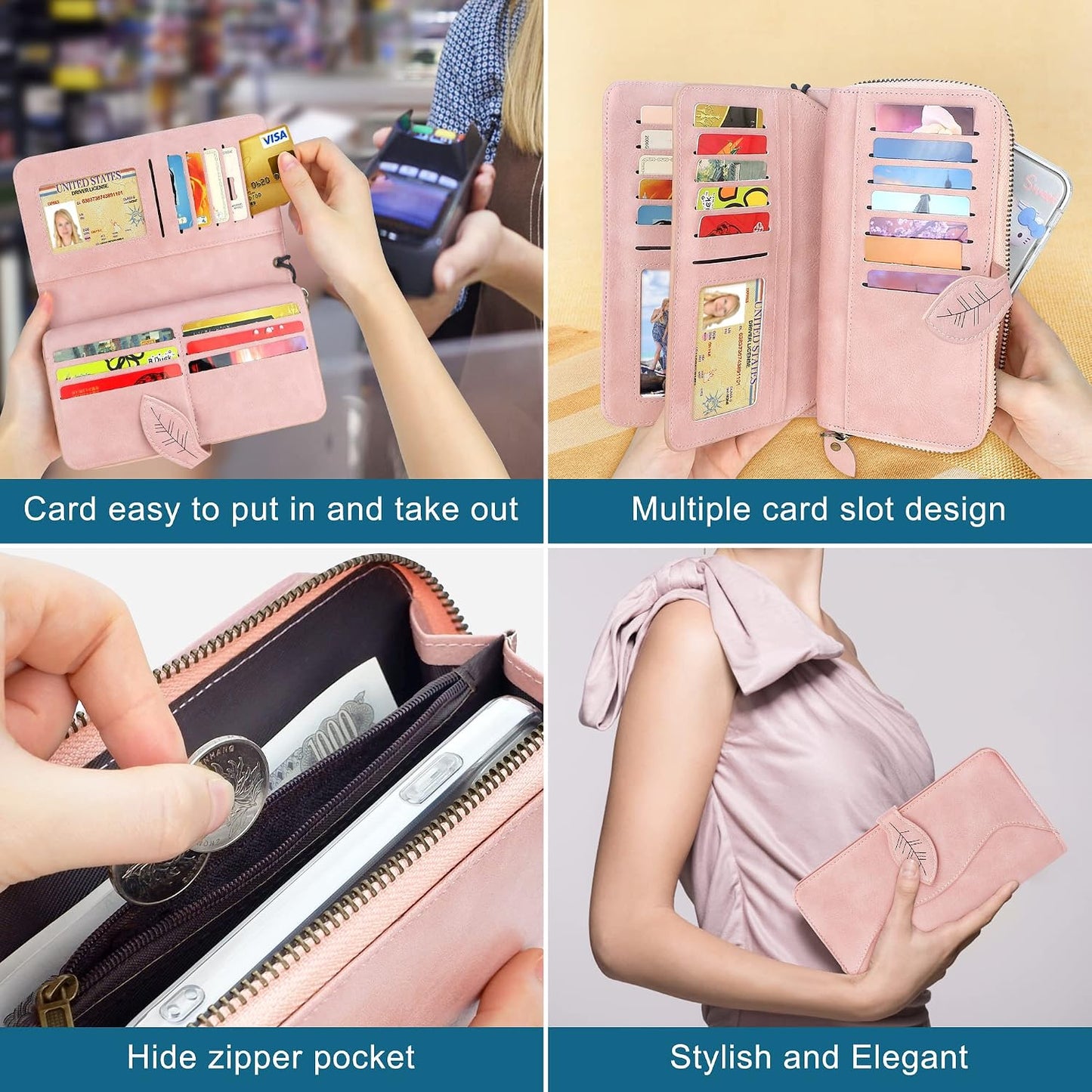 HOTCONISY RFID Wallet Women Large Capacity, Long Leather Clutch Wallet Credit Card Holder for Women with Wristlet