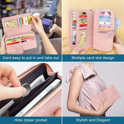 HOTCONISY RFID Wallet Women Large Capacity, Long Leather Clutch Wallet Credit Card Holder for Women with Wristlet