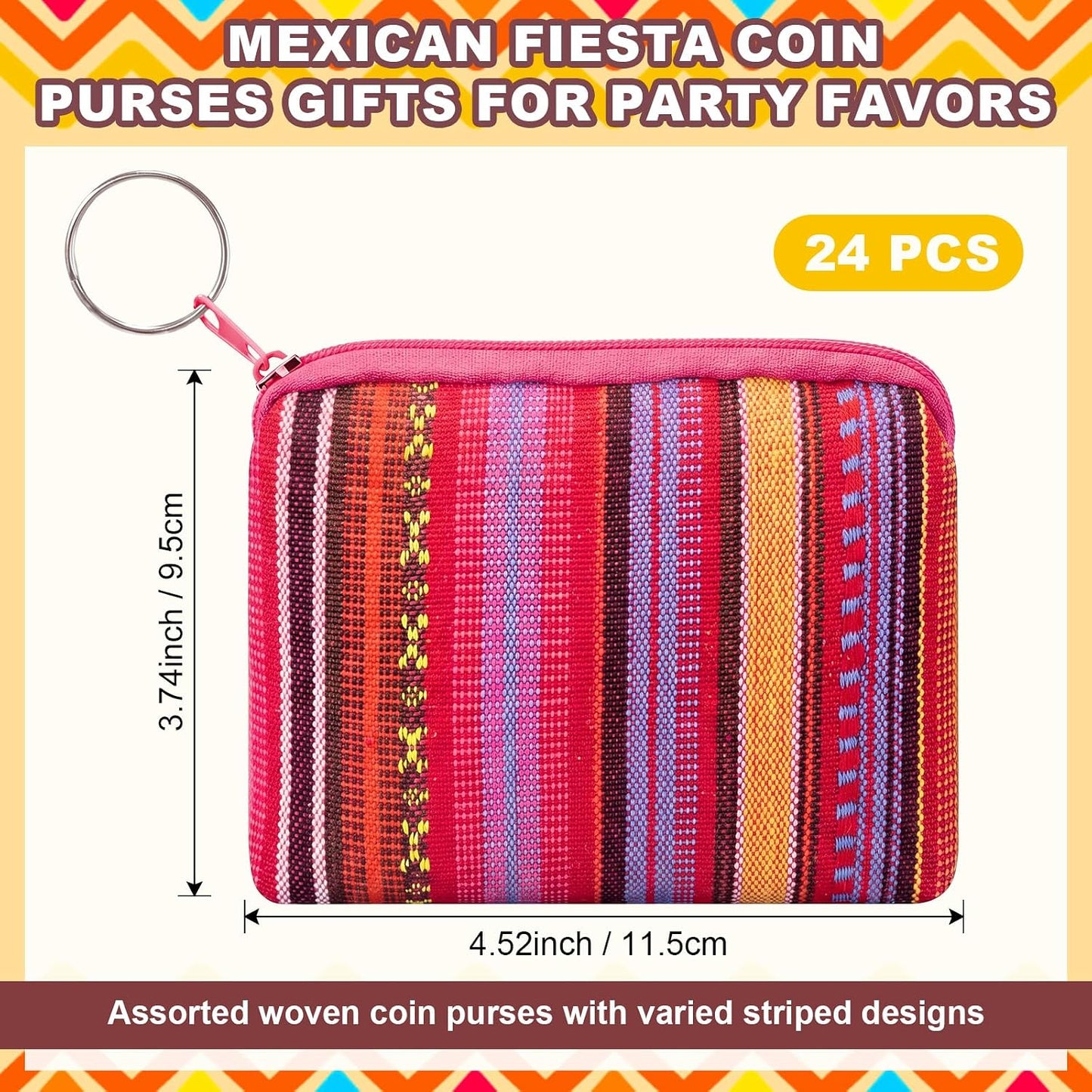 HOT24 Pack Mexican Candy Bags Fiesta Cinco De Mayo Mini Coin Purse 3.5 x 4.5 in Mexican Jewelry Zipper Pouches Reusable Cotton Wallet for Wedding Holiday Fiesta Party Favor Gift