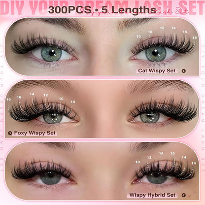 HOTGoddvenus Lash Clusters Kit Wispy Eyelash Clusters Lashes Natural DIY Lash Extension Kit 10-16mm Cluster Eyelash Extensions Kit 300pcs C Curl Individual Lashes Cluster Eyelash (No Tweezers)