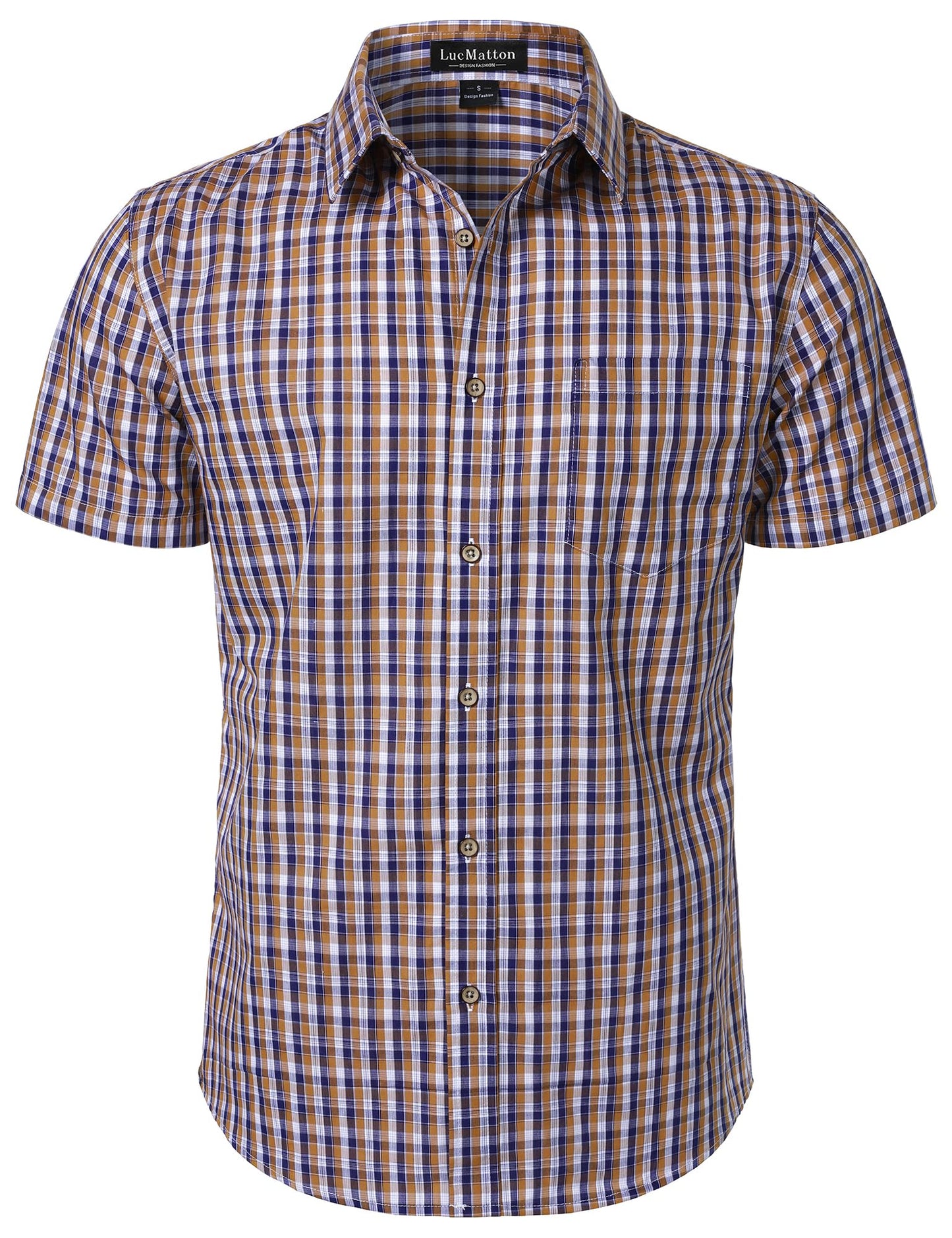 HOTLucMatton Men's Gingham Short Sleeve Button Down Shirt Cotton Regular Fit Plaid Dress Shirts with Pocket