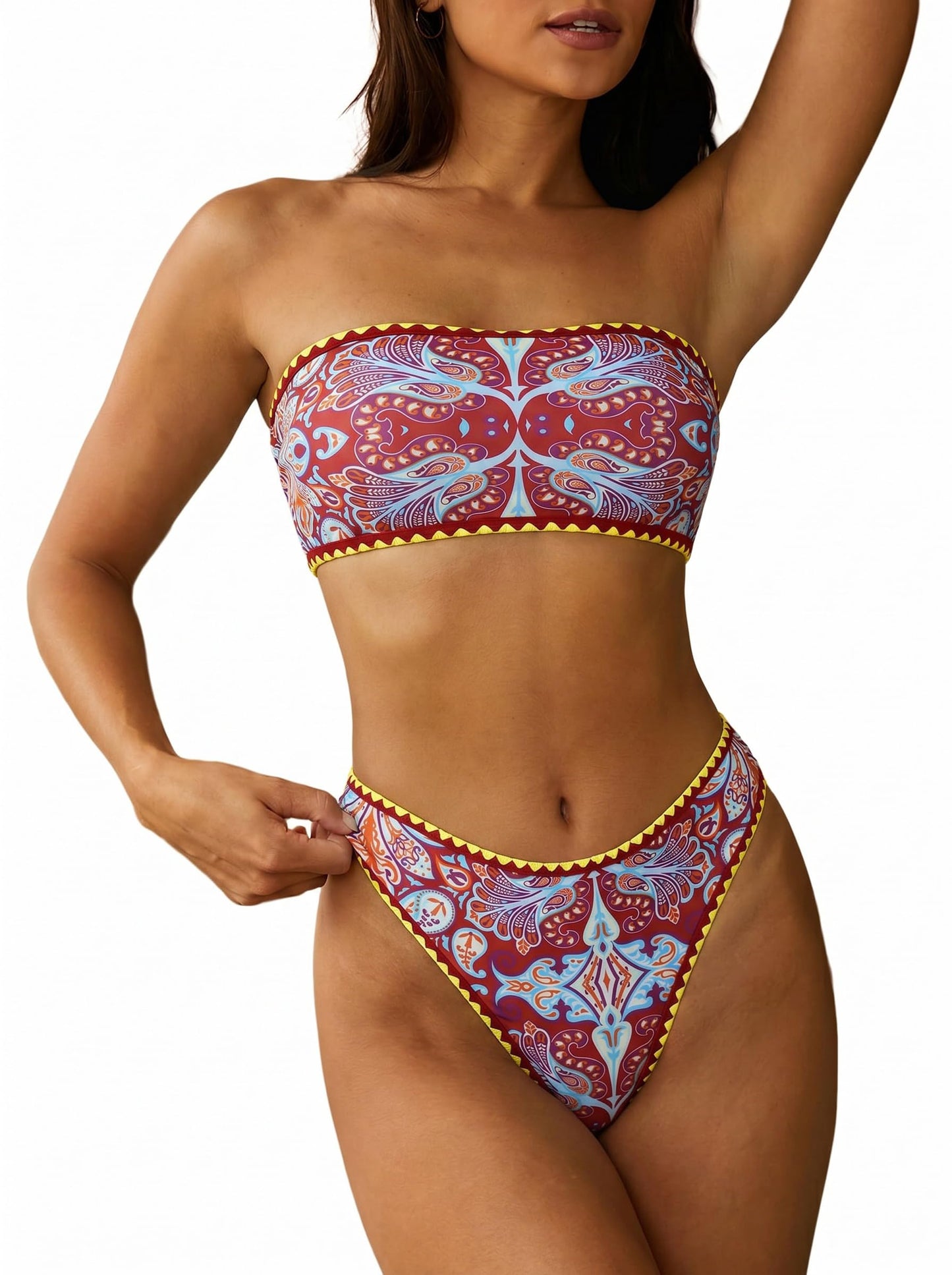 HOTZAFUL Women Strapless Bandeau Bikini 2 Piece Swimwear Lace up Bathing Suits | Strapless Textured Bikini Set Cheeky Solid Bandeau Bathing Suits