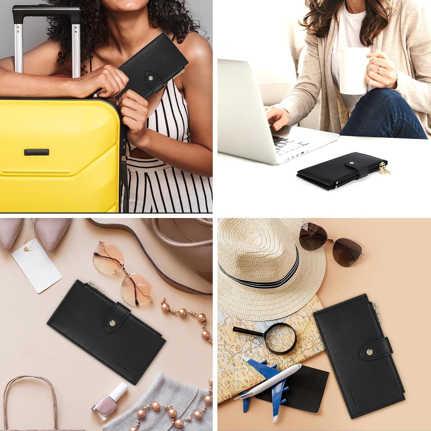 HOTTravelambo Womens Leather Bifold Wallet, Slim RFID Blocking Card Holder | Large Capacity, 16 Card Slots & ID Window, 2 Zipper Pockets, Dual Snap Closure, Slim Lightweight, RFID Privacy Protection