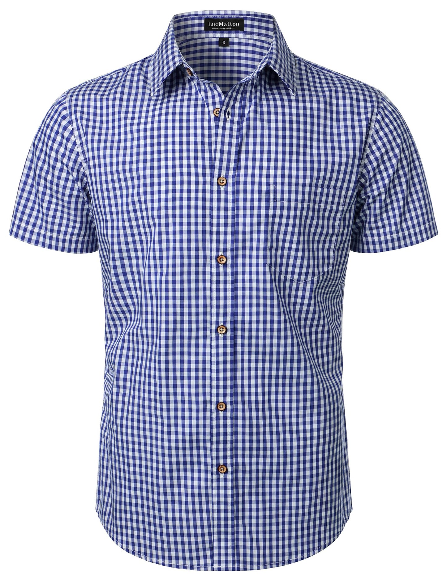 HOTLucMatton Men's Gingham Short Sleeve Button Down Shirt Cotton Regular Fit Plaid Dress Shirts with Pocket