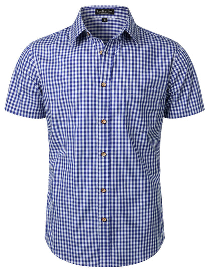 HOTLucMatton Men's Gingham Short Sleeve Button Down Shirt Cotton Regular Fit Plaid Dress Shirts with Pocket