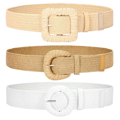 HOTWHIPPY 3 Packs Women Straw Woven Elastic Stretch Waist Belts Fashion Boho Braided Skinny Ladies Dress Belt