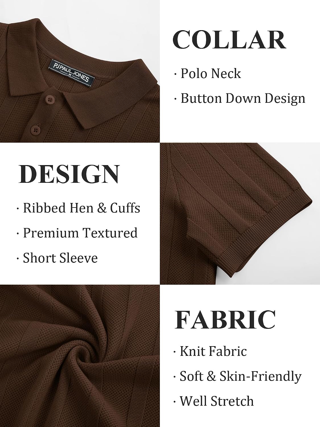 HOTPJ PAUL JONES Mens Polo Shirts Short Sleeve Textured Knit Polo Shirt Ribbed Casual Golf Shirts