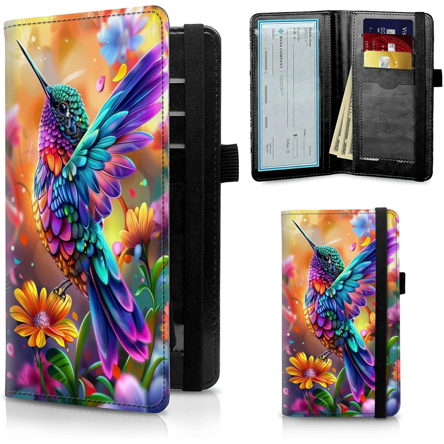 HOTFUYOCWE Leather Checkbook Cover for Men Women Check book Holder Cover for Personal Checkbook Checks with RFID Blocking & Elastic Strap-Bald Eagle with Flag