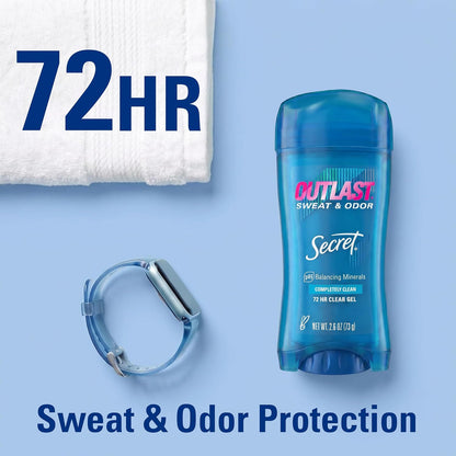 HOTSecret Outlast Antiperspirant Deodorant for Women, 72hr Sweat & Odor Protection, PH Balancing Minerals, Pro-Hyaluronic Acid, Clear Gel, Completely Clean Scent, 2.6 oz (Pack of 2)
