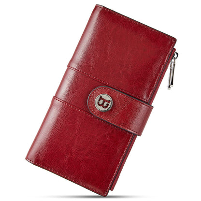 HOTBOSTANTEN Womens Leather Wallet RFID Large Capacity Credit Card Holder | 4 ID Windows, 16 Card Slots, Zipper Coin Pocket, Clutch Wallet, Long Bifold, Ladies Gifts, Brown