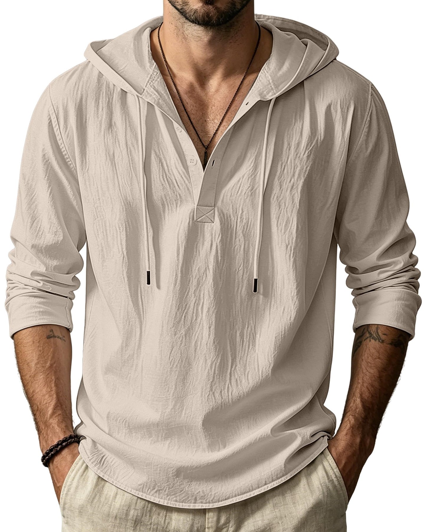 HOTMen's Cotton Linen Hoodies Casual Hooded Long Sleeve Button Down Shirts Lightweight Casual Hawaiian Beach Sweatshirts