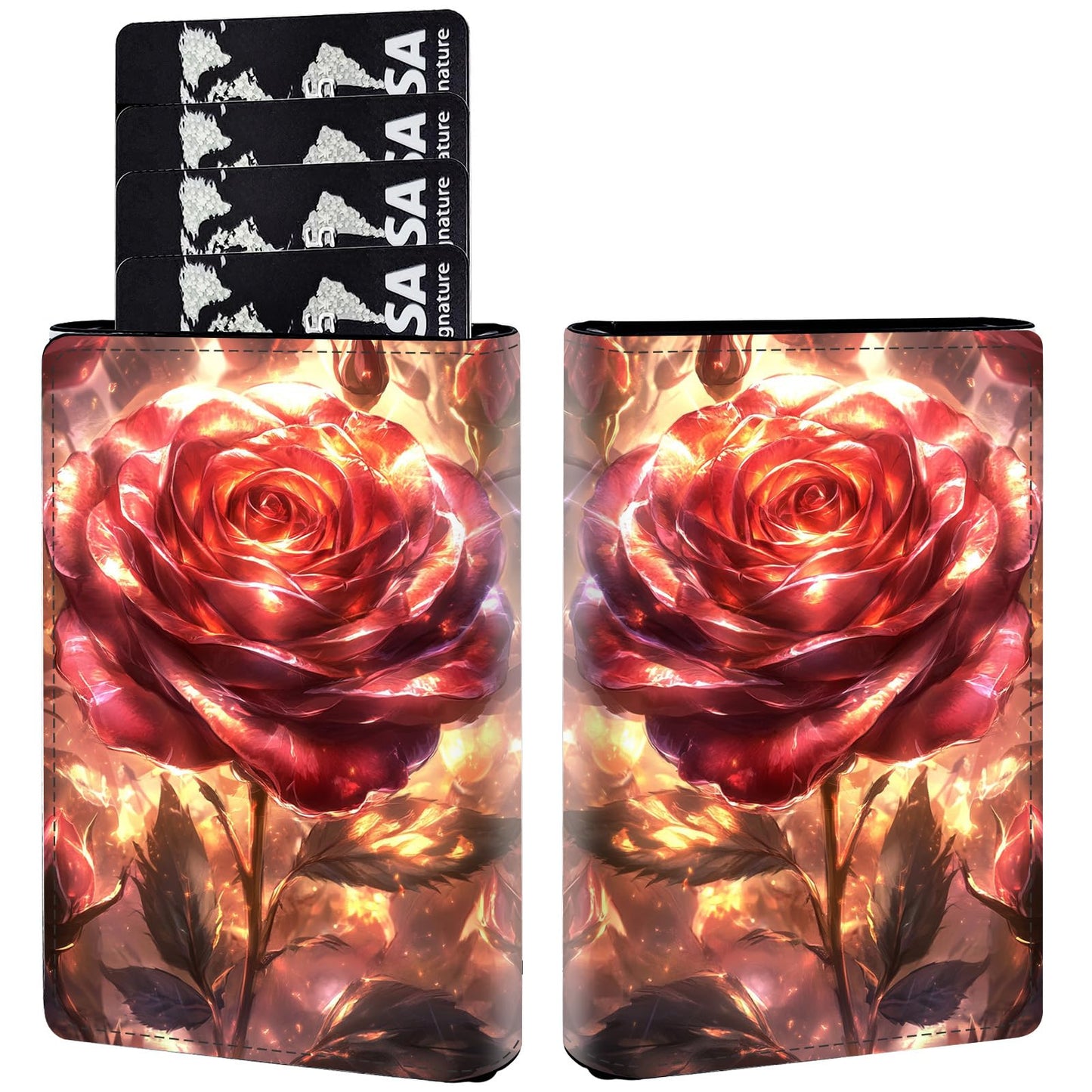 HOTPop Up Wallet Women Men with Money Slot,RFID Blocking Leather Minimalist Automatic Credit Card Holder Business Trifold Card Case-Cherry Blossoms