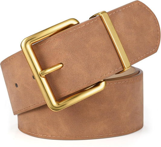 HOTXZQTIVE Women Wide Chunky Belt for Dresses Fashion Thick Suede Belt with Gold Buckle