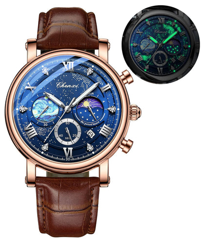 HOTFANMIS Men's Classic Watches Multifunctional Analog Watch Business Dress Waterproof Luminous Chronograph Starry Sky Moon Phase Leather Wristwatch