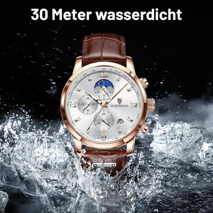 HOTLIGE Chronograph Watch for Men Wrist Leather Analog Dress Waterproof Vintage Work Casual Unique Retro Quartz Date Moon Phase Display Luminous 3ATM Water Resistant Mens Watches