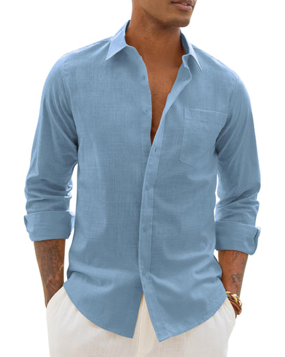 HOTAlimens & Gentle Mens Cotton Linen Textured Shirt Long Sleeve Button Down Shirts Casual Summer Beach Wedding Tops with Pocket