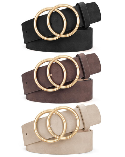 HOTXZQTIVE 3 Packs Women's Leather Belts For Jeans Dresses Pants Fashion Ladies Waist Belt with Double O-Ring Gold Buckle