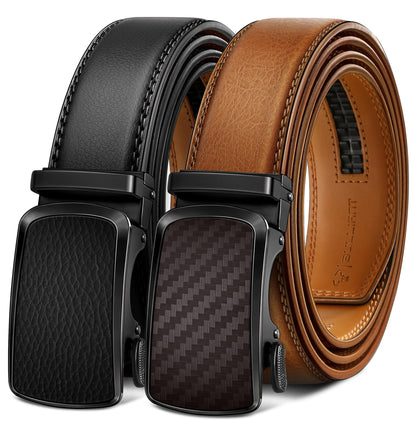 HOTBULLIANT Men's Ratchet Leather Belt Trimmable 2Pack 1 3/8"-Gift Boxed | Smooth Sliding | Precise Fit | Tailored Size | Holeless for Dress or Casual