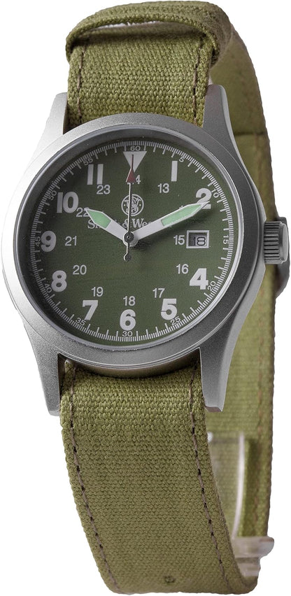 HOTSmith & Wesson Men's Military Watch, 3 Interchangeable Canvas Straps, 3 ATM Water Resistant, Date Display, Scratch Resistant Glass, Military Style Watch for Outdoor Activities, Swimming, 40mm