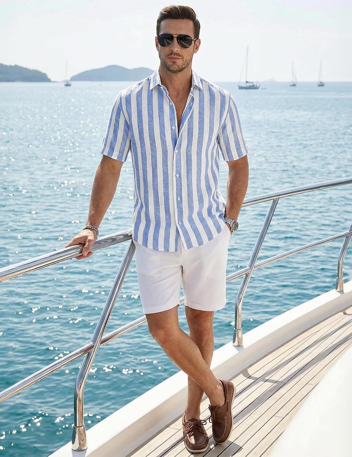 HOTJMIERR Men's Casual Stylish Short Sleeve Button-Up Striped Dress Shirt Cotton Beach Shirts