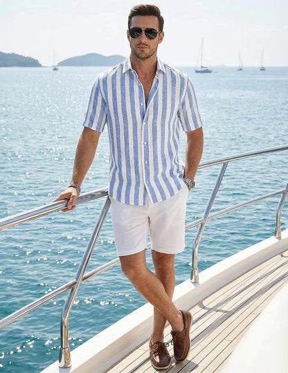 HOTJMIERR Men's Casual Stylish Short Sleeve Button-Up Striped Dress Shirt Cotton Beach Shirts