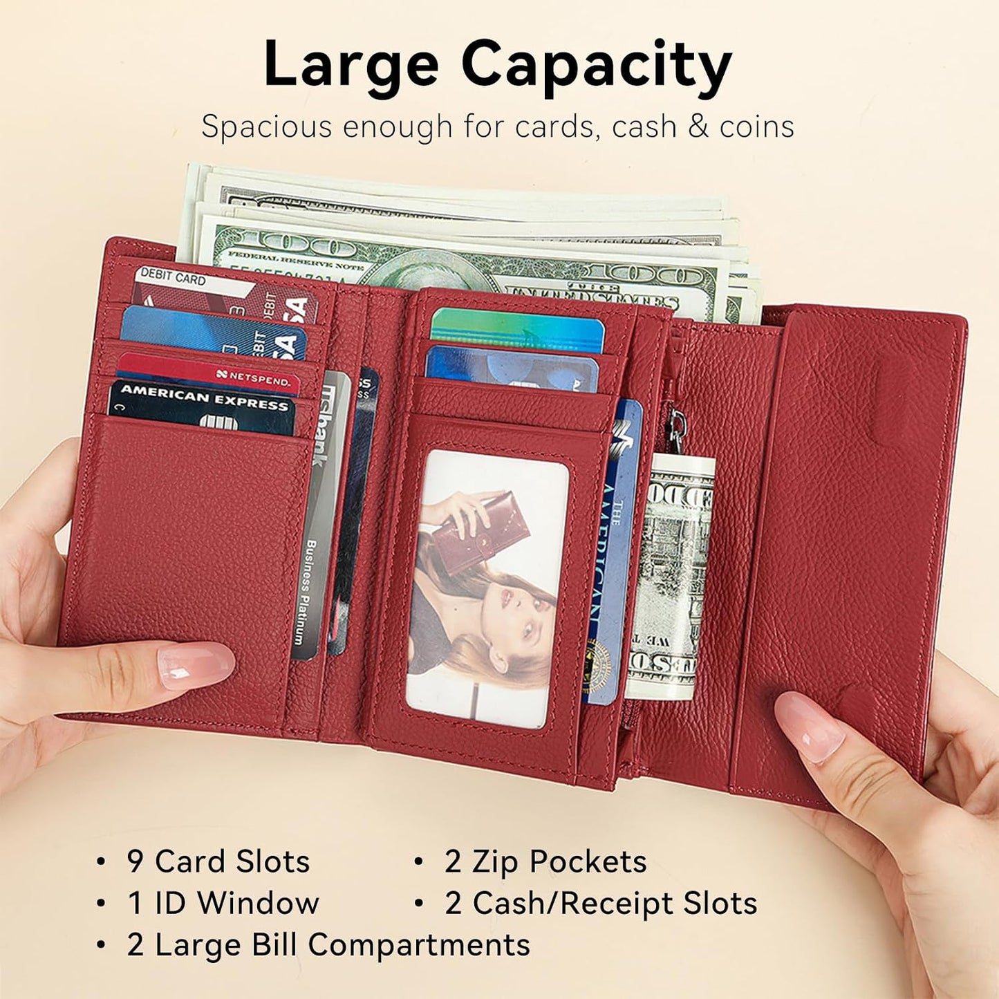 HOTWomen's Wallet Oil-waxed Genuine Leather, Crocodile Embossed Compact Bi-fold Wallet for Women with Magnetic Closure, Multi Card Slots, ID Window, Zipper Pockets (Red)