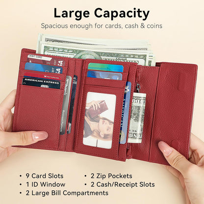 HOTWomen's Wallet Oil-waxed Genuine Leather, Crocodile Embossed Compact Bi-fold Wallet for Women with Magnetic Closure, Multi Card Slots, ID Window, Zipper Pockets (Red)