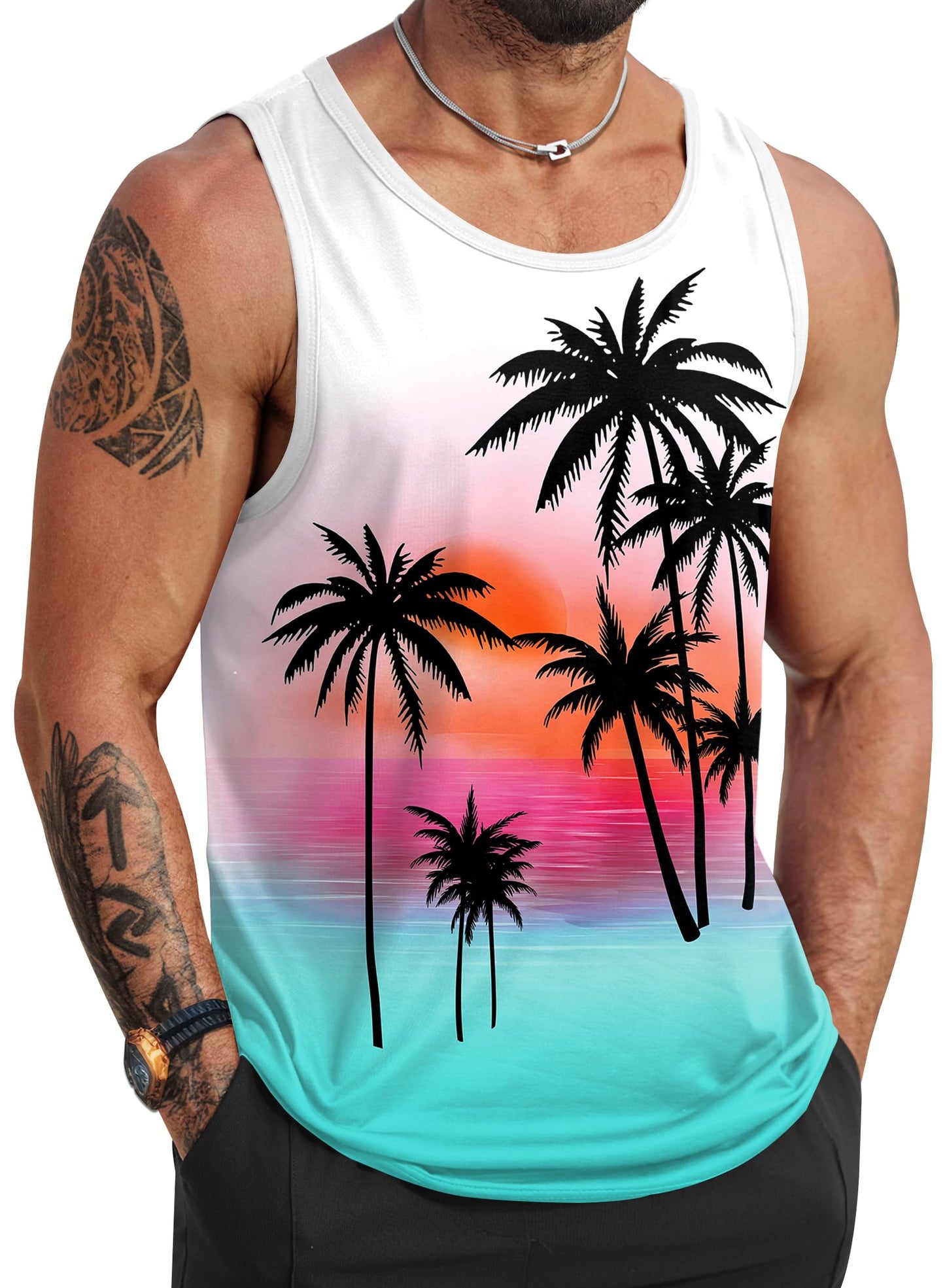 HOTVOGSTART Mens Hawaiian Beach Tank Tops Summer Vacation Muscle Top Graphic Sleeveless Shirts (S-3XL)